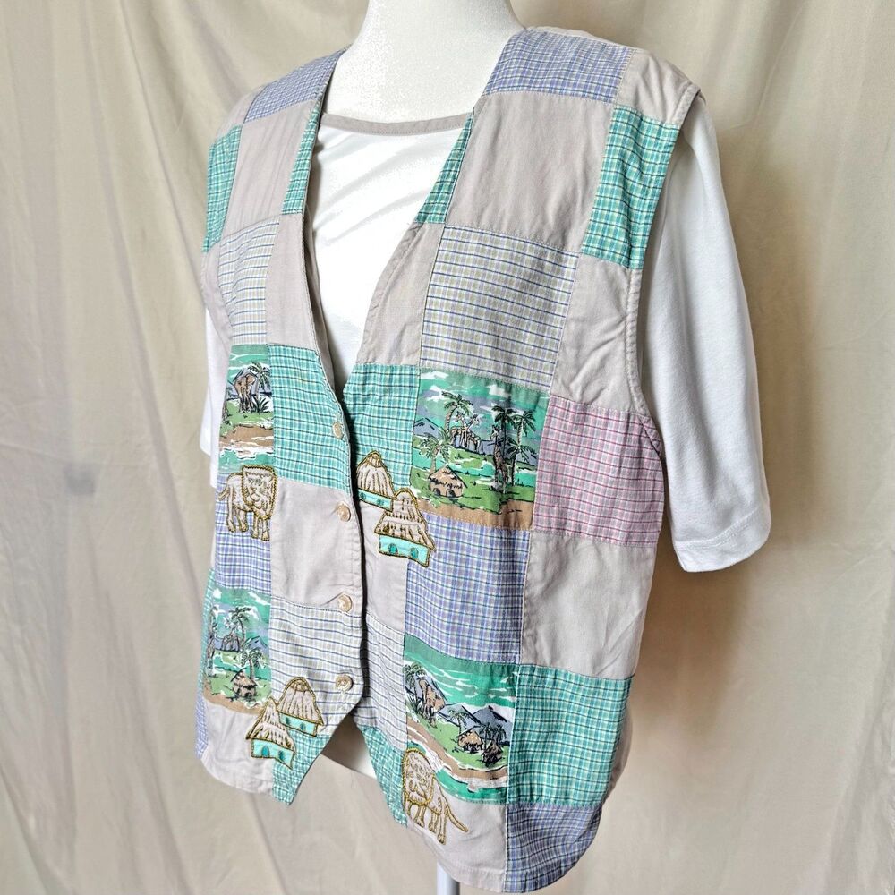 Vintage 90s faux vest top womens XL beige patchwork safari grandmacore teacher